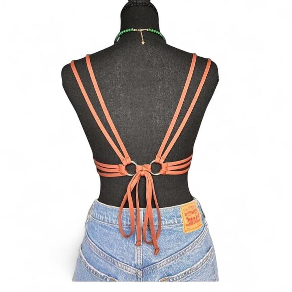 WeWoreWhat Black Triangle Bikini Top Brown Strap Ring Detail Strappy Women’s M - Picture 3 of 6
